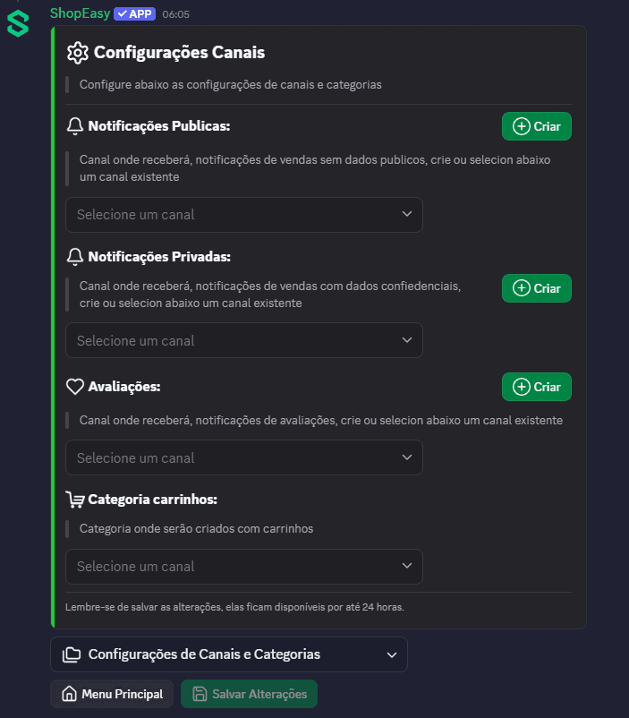 Menu de configuração de canais