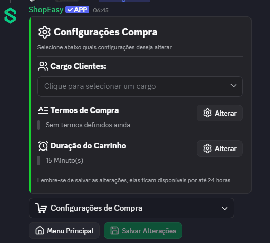 Menu de configuração de compra