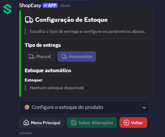Menu de configurações de estoque