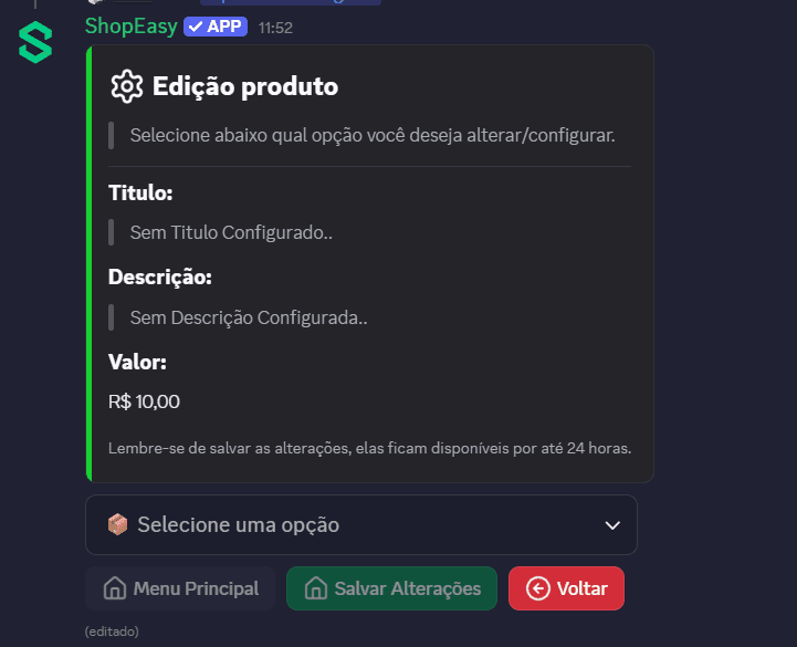 Menu de configuração do produto