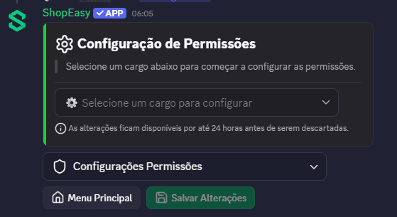Menu de configuração de permissões