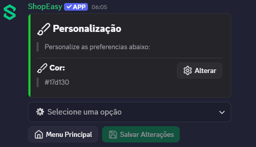 Menu de configuração de personalização