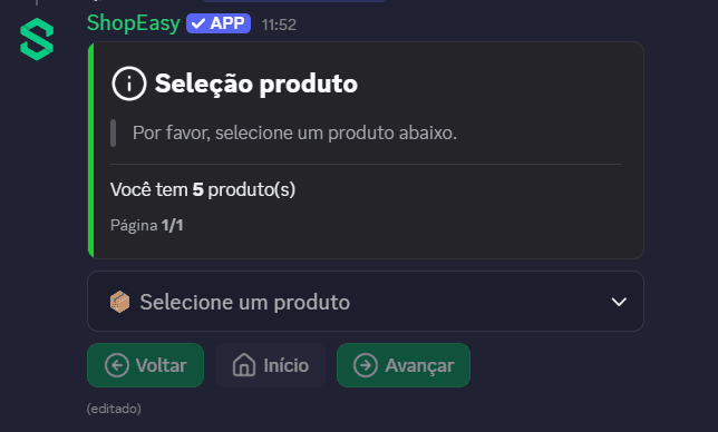 Menu de seleção de produtos